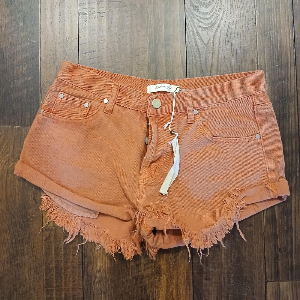Women's Frayed Hem Denim Shorts - Orange